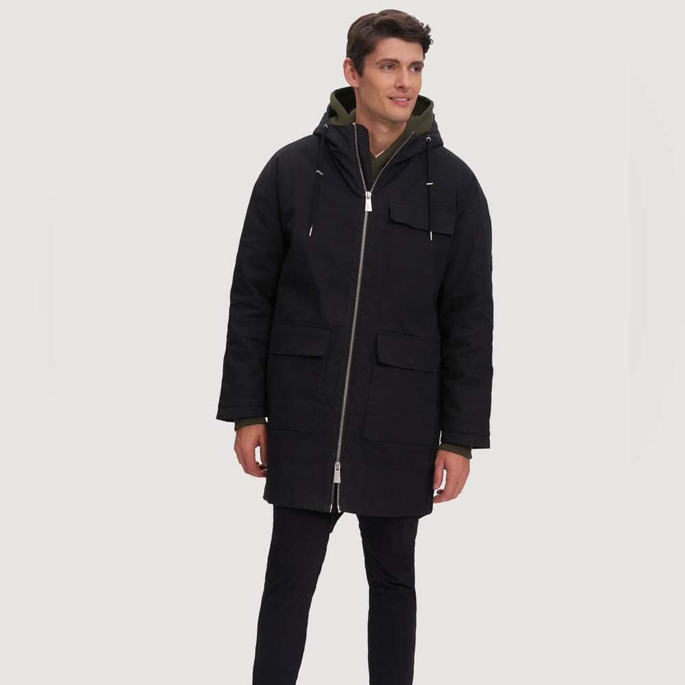 NOIZE BAKER MENS FULL ZIP  HOODED MID LENGTH PARKA JACKET BLACK SIZE XXL NWOT